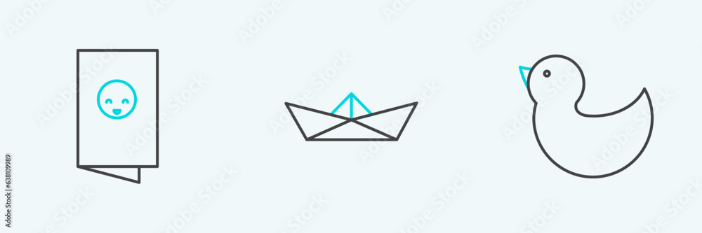 Set line Rubber duck, Baby shower invitations card, poster and Folded paper boat icon. Vector Set line Rubber duck, Baby shower invitations card, poster and Folded paper boat icon. Vector