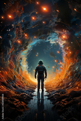 Astronaut floating in a multicolored Portal