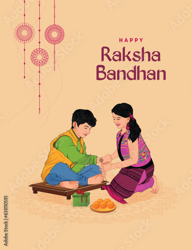 Raksha Bandhan, Sister is tying Rakhi on her brother's wrist, Rakhi celebration in India, Cute little sister and brother with beautiful background, Rakhi Festival colorful BG and Character, Bhai Dooj.