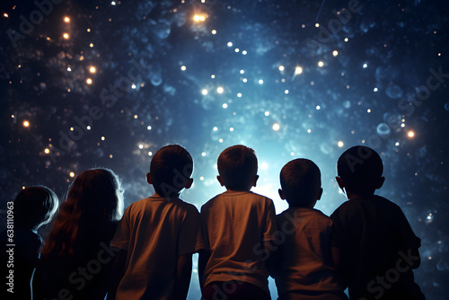 Group of children gazing up at a planetarium ceiling full of stars.  photo
