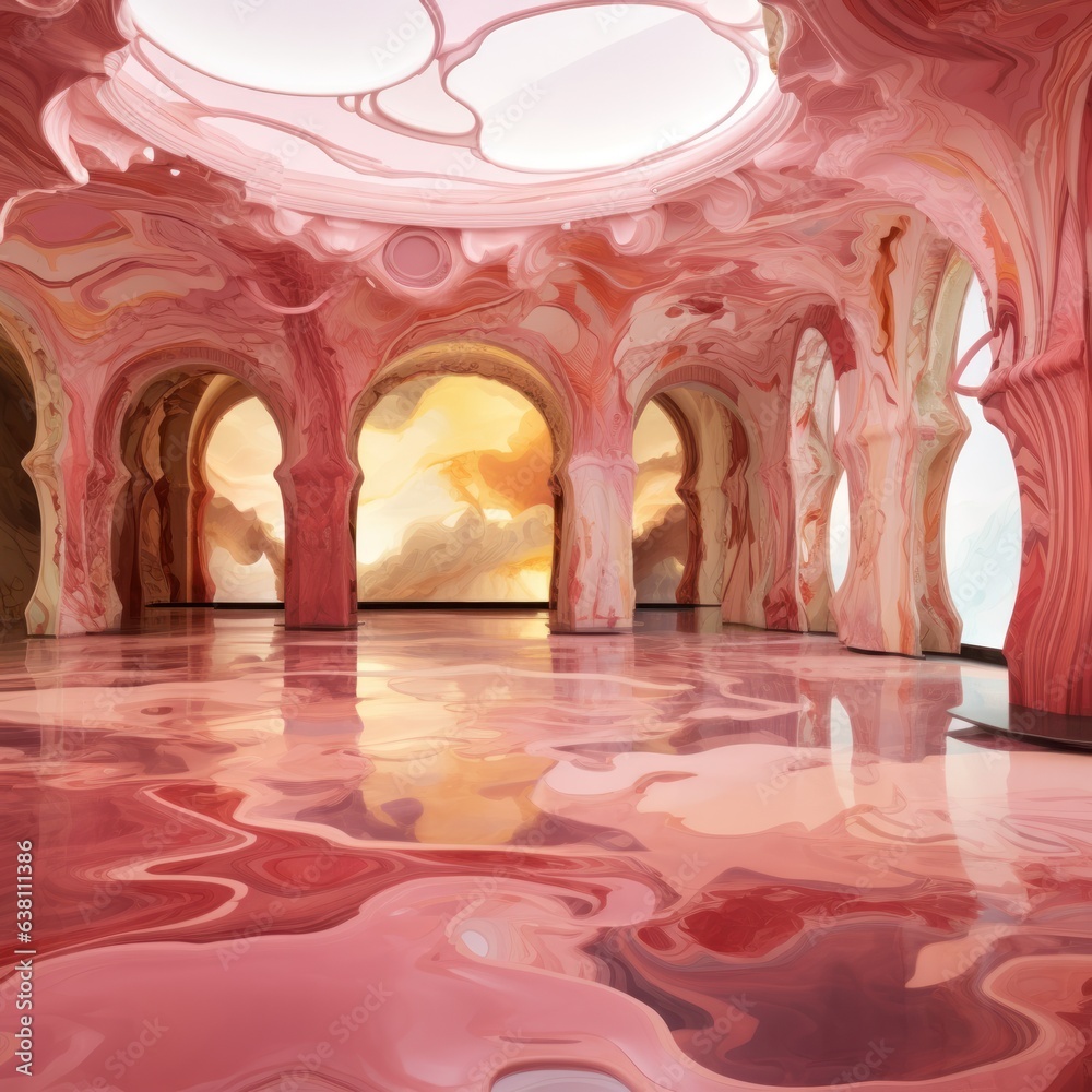 A vivid painting of an indoor room filled with arched windows and a pink floor, full of creative energy and artistry