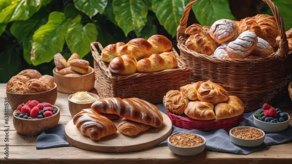 Wicker basket and different tasty freshly baked pastries on wooden table, flat lay