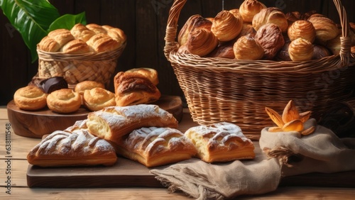 Wicker basket and different tasty freshly baked pastries on wooden table, flat lay