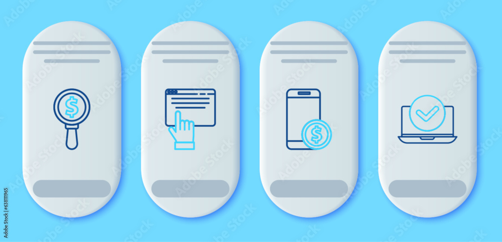 Set line Online shopping on screen, Smartphone with dollar, Magnifying glass and and Laptop icon. Vector Set line Online shopping on screen, Smartphone with dollar, Magnifying glass and and Laptop icon. Vector
