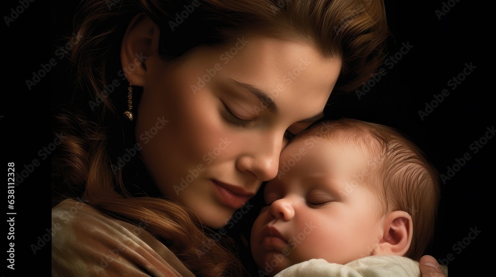 A mother gently resting her child's head on her cheek. A mother gently resting her child's head on her cheek.