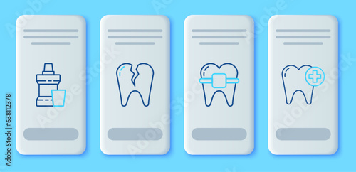 Set line Broken tooth  Teeth with braces  Mouthwash plastic bottle and Tooth icon. Vector
