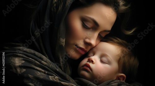 A mother gently resting her child's head on her cheek.
