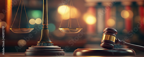 Judicial Gavel and Scales of Justice on background of Court Hall
