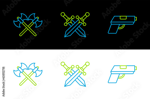 Set line Pistol or gun, Crossed medieval axes and sword icon. Vector
