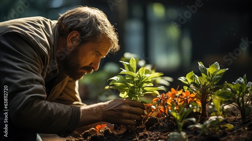 Dedicated gardener who meticulously cares for a plant. © OKAN