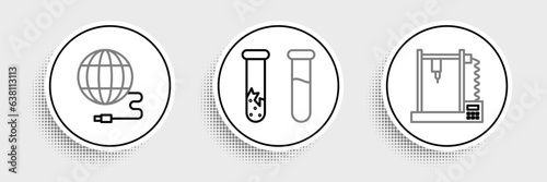 Set line 3D printer, Social network and Test tube and flask icon. Vector