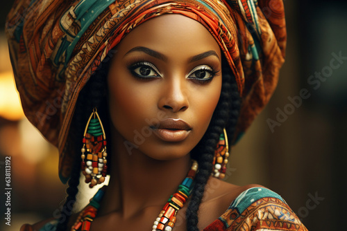 Portrait of African American ethnicity woman in turban with African traditional print Generative AI