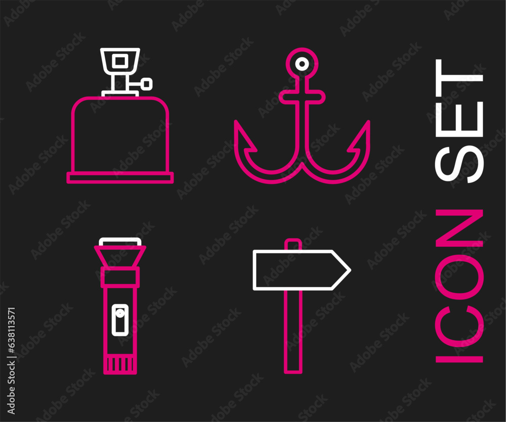 Set line Road traffic signpost, Flashlight, Anchor and Camping gas stove icon. Vector Set line Road traffic signpost, Flashlight, Anchor and Camping gas stove icon. Vector