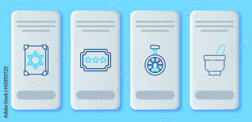 Set line Ticket, Unicycle or one wheel bicycle, Ancient magic book and Magic mortar and pestle icon. Vector