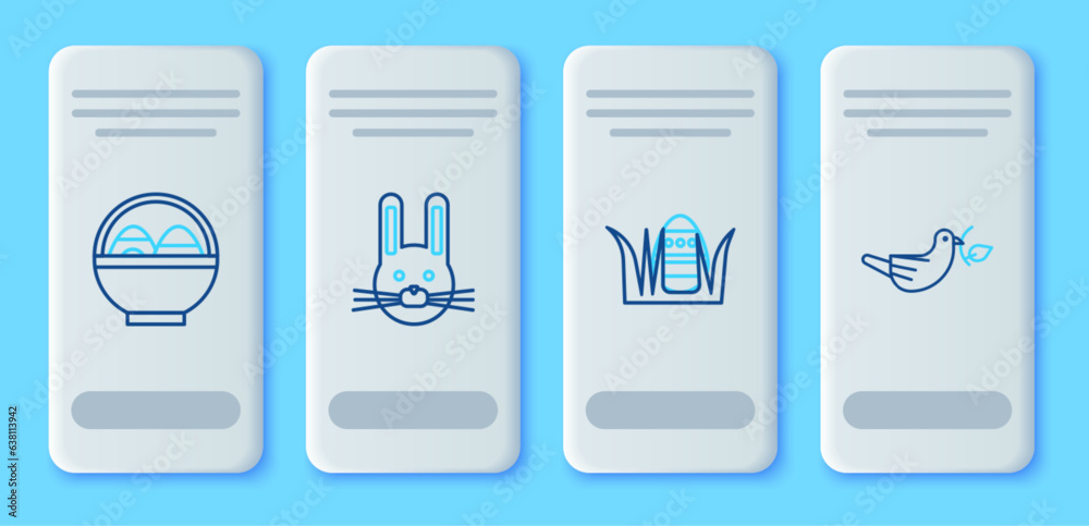 Set line Easter rabbit, egg, Basket with easter eggs and Peace dove olive branch icon. Vector