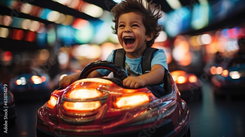 The joy of a young boy getting into a bumper car. photo