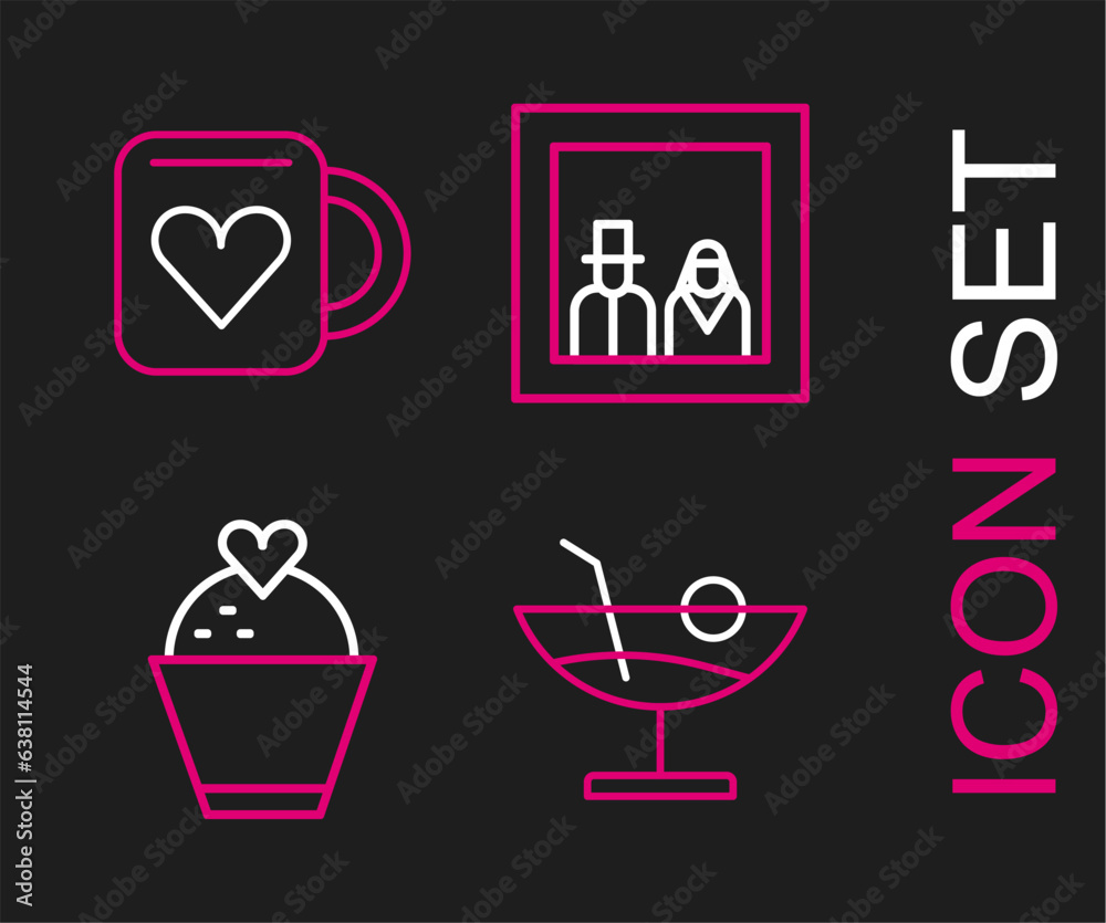 Set line Cocktail, Wedding cake with heart, Family photo and Coffee cup and icon. Vector Set line Cocktail, Wedding cake with heart, Family photo and Coffee cup and icon. Vector