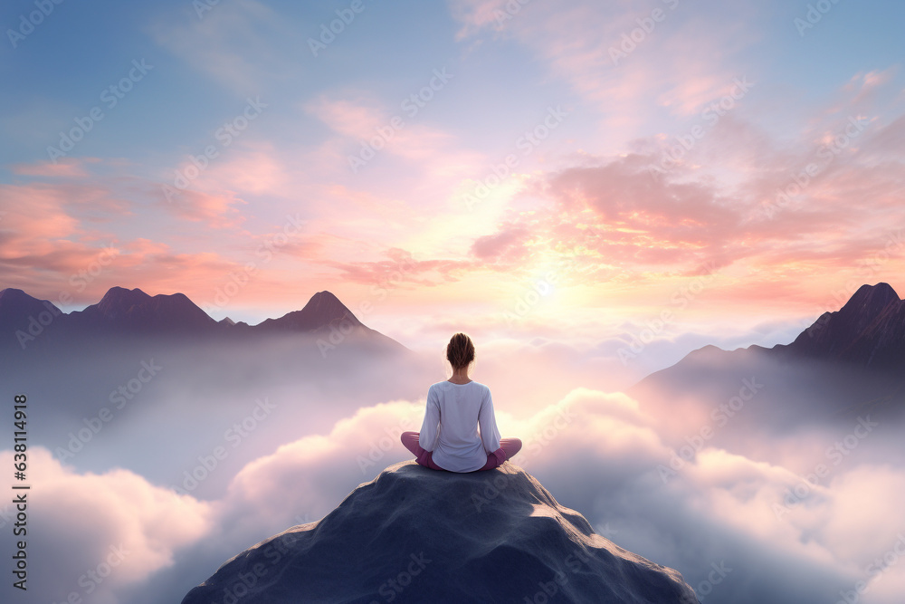 Woman meditating while doing yoga. She overlooks the beautiful sea of clouds and mountains. Woman meditating while doing yoga. She overlooks the beautiful sea of clouds and mountains.