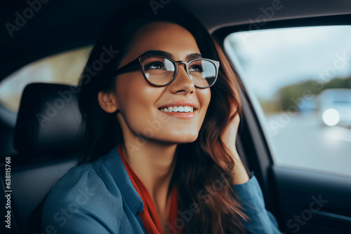 Generative AI photography of beautiful lady sitting on passenger seat inside car enjoying comfort trip