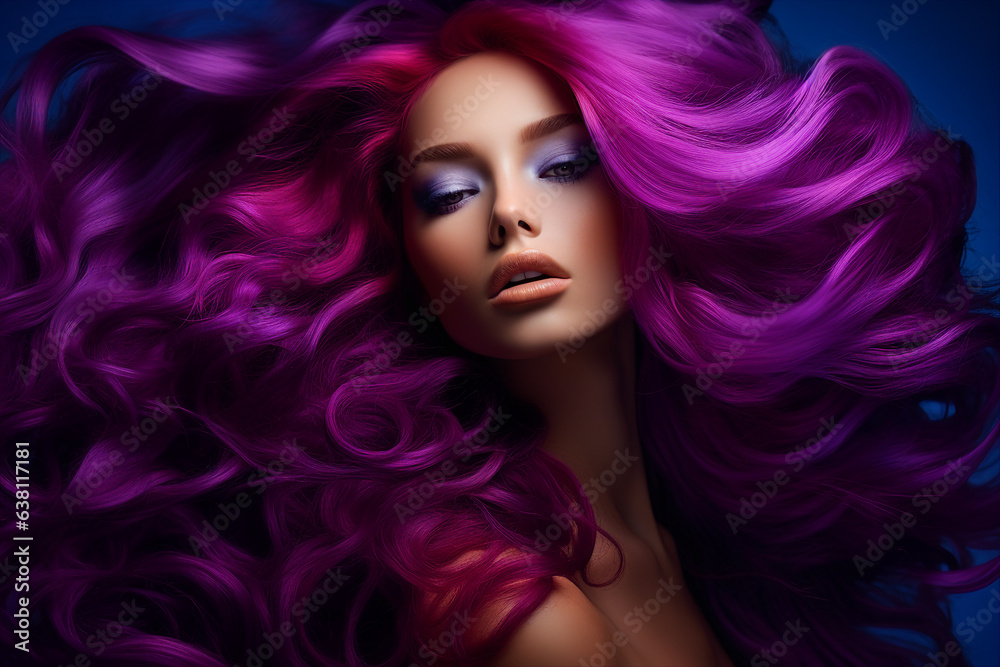Generative AI portrait of natural beauty woman model showing flattering bright violet dyed hairstyle Generative AI portrait of natural beauty woman model showing flattering bright violet dyed hairstyle
