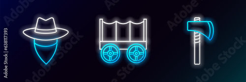 Set line Tomahawk axe, Cowboy and Wild west covered wagon icon. Glowing neon. Vector