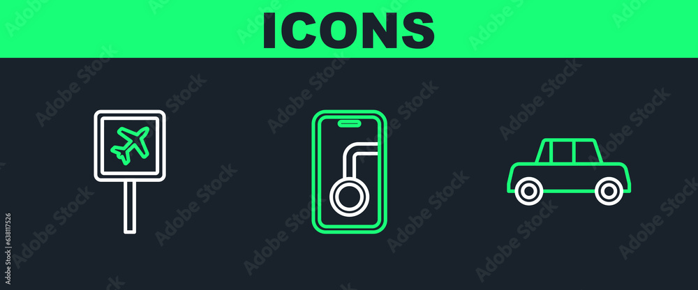 Set line Car, Airport and City map navigation icon. Vector Set line Car, Airport and City map navigation icon. Vector