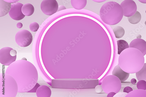 Abstract 3d rendering of podium for cosmetics, perfume, products presentation. Ready made scene. Geometric figures flying next to pink matte viopet pedestal. Futuristic stand mockup