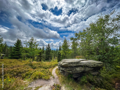 Top part of Jizera Mountains with large rock and trees under cloudy blue sky