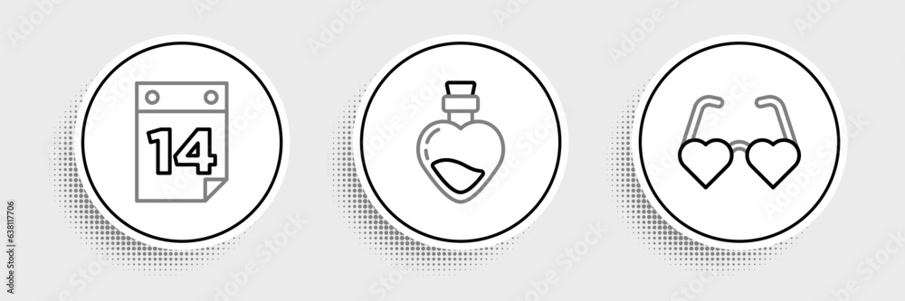 Set line Heart shaped love glasses, Calendar with February 14 and Bottle potion icon. Vector Set line Heart shaped love glasses, Calendar with February 14 and Bottle potion icon. Vector