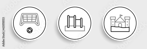 Set line Sand castle, Soccer goal with ball and Horizontal bar icon. Vector