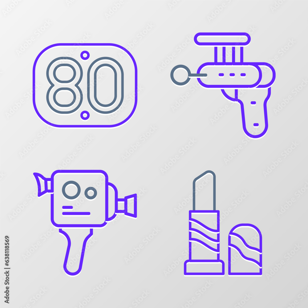 Set line Lipstick, Retro cinema camera, Ray gun and 80s icon. Vector Set line Lipstick, Retro cinema camera, Ray gun and 80s icon. Vector
