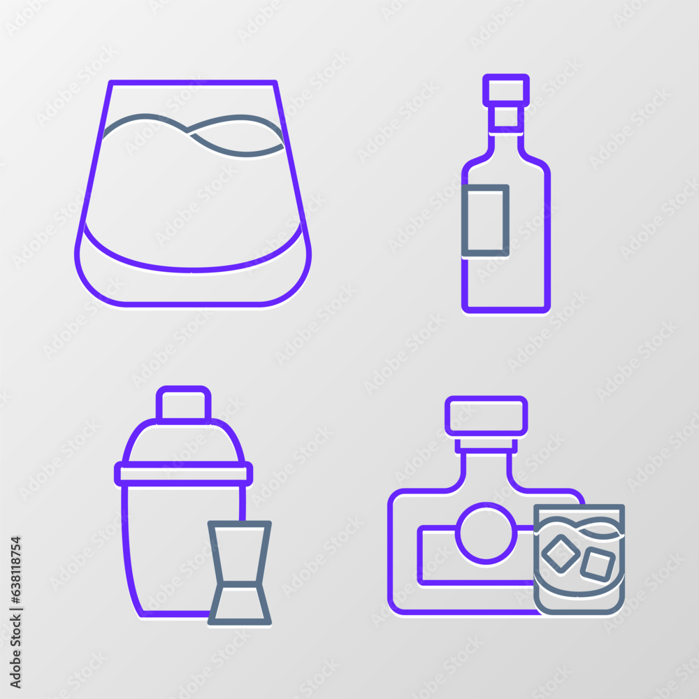 Set line Whiskey bottle and glass, Cocktail shaker, Wine and Glass of whiskey icon. Vector Set line Whiskey bottle and glass, Cocktail shaker, Wine and Glass of whiskey icon. Vector
