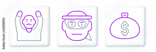 Set line Money bag, Thief surrendering hands up and Bandit icon. Vector