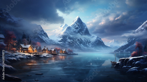 Beautiful winter landscape with frozen lake, mountains and wooden houses