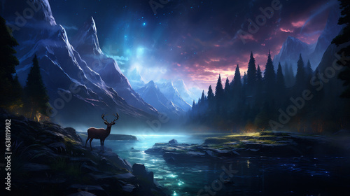 Fantasy landscape with deer on the lake