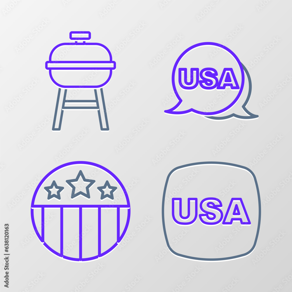 Set line USA Independence day, Medal with star, and Barbecue grill icon. Vector