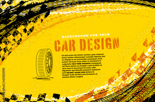 Grungy yellow background with abstract tire, tire tracks and abstract chess flags
