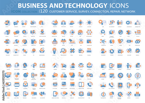 120 business and technology icon set for customer service, survey, connection, repair, network. Flat vector illustration