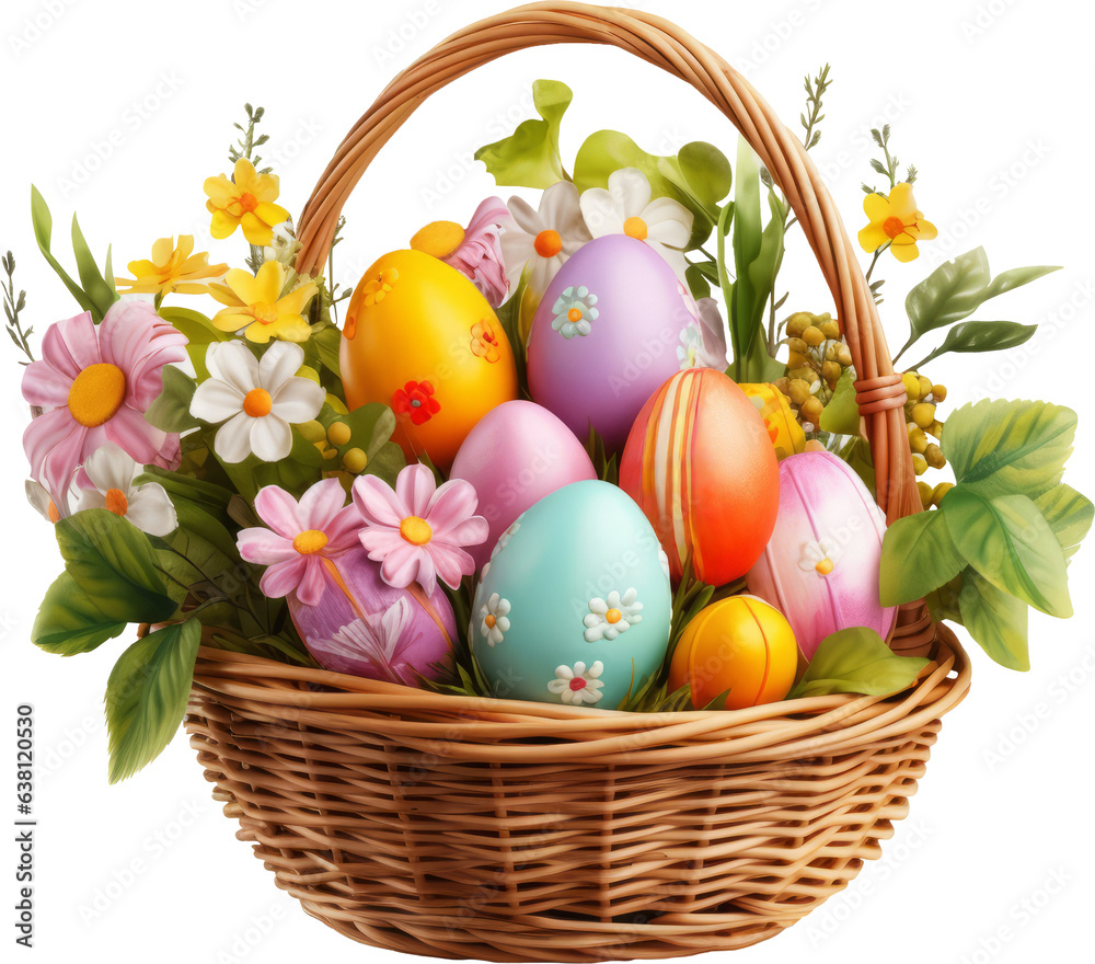 Wicker basket with colorful Easter eggs, plants and flowers isolated on transparent background
