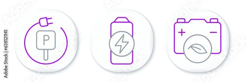 Set line Eco nature leaf battery, Charging parking electric car and Battery charge icon. Vector