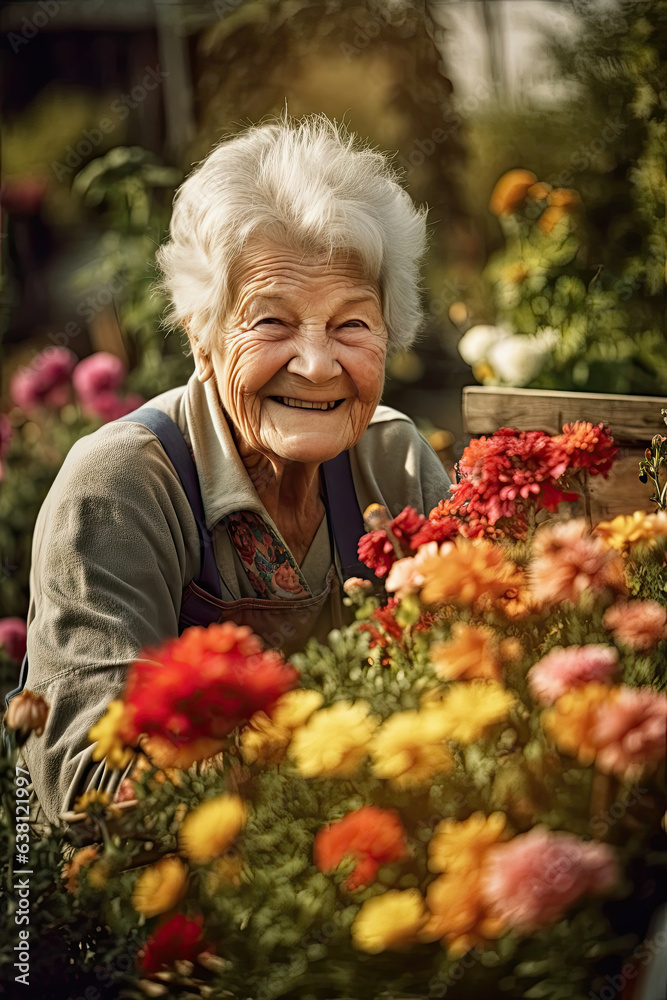 Older Woman Enjoys Flower Garden Shop, Gardening and Retirement Bliss, Generative AI