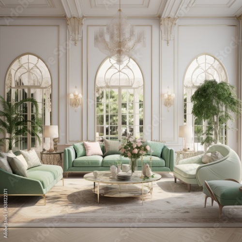 A warm and inviting living room, complete with a grand chandelier, cozy furniture, and an abundance of elegant details from the molding to the vase, creating a beautiful and inviting atmosphere in th © mockupzord