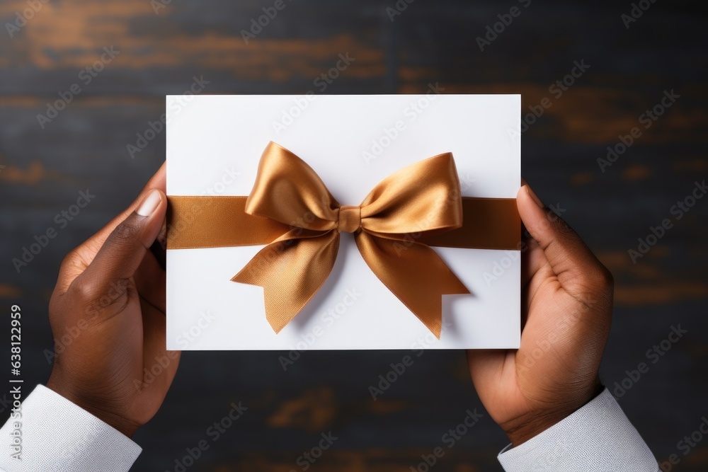Black african american man holds a white paper giftbox with vivid brown ribbon bow in his hands. Valentine's Day, Christmas, new year, birthday or holiday concept. Happy Father's day Black african american man holds a white paper giftbox with vivid brown ribbon bow in his hands. Valentine's Day, Christmas, new year, birthday or holiday concept. Happy Father's day