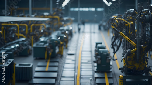 A bustling industrial factory floor where automated robots work in harmony with skilled technicians to manufacture intricate electronic devices using state-of-the-art assembly lines