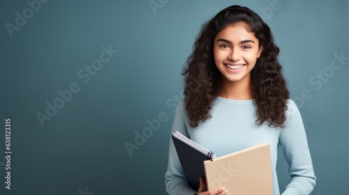Joyful Young Adult: Indian Girl Exuding Positivity with Copybook in Hand generative ai photo