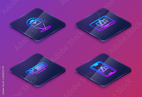 Set Isometric line Online working, Web camera, Video Off on laptop and mobile. Blue square button. Vector