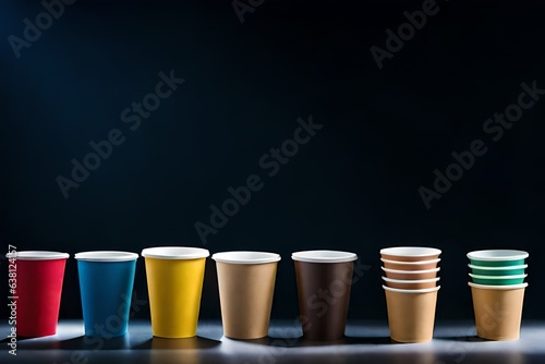 Colorful coffee cups made from sustainable and recyclable cardboard. Created with generative Ai technology.
