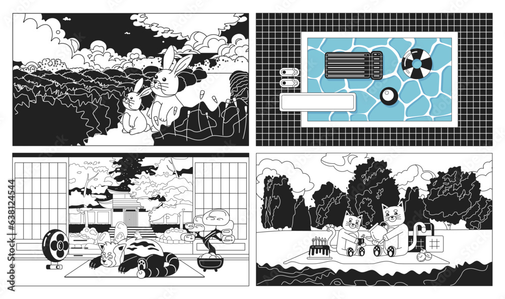 Fototapeta premium Kawaii animals black and white cute chill lo fi wallpapers set. Swimming pool linear 2D vector cartoon interior, landscape illustration, monochrome lofi anime background. Bw 90s kawaii aesthetic