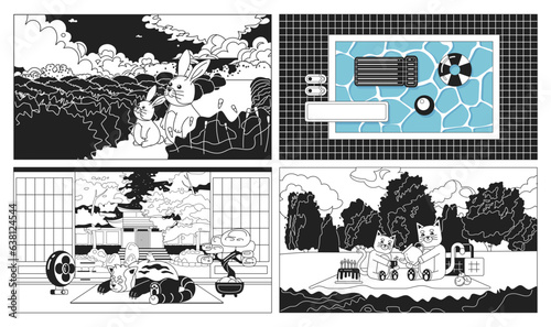 Kawaii animals black and white cute chill lo fi wallpapers set. Swimming pool linear 2D vector cartoon interior, landscape illustration, monochrome lofi anime background. Bw 90s kawaii aesthetic