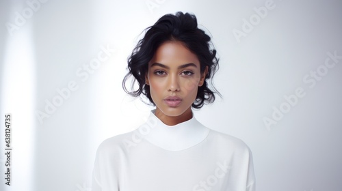 The young Indian model looks into the camera confused by the white background generative ai